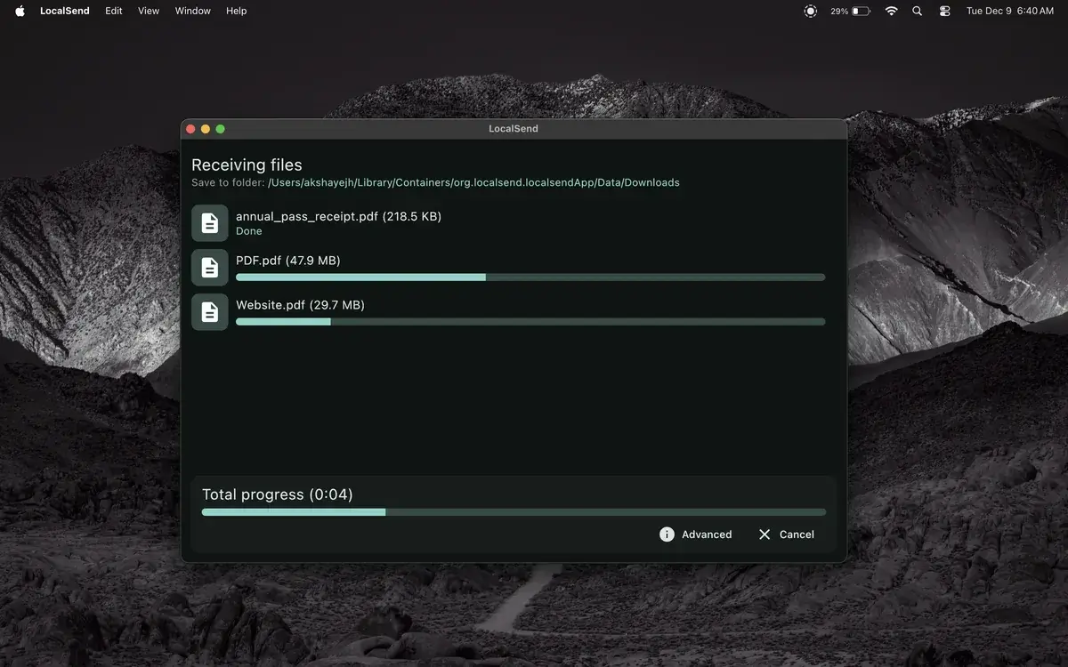 LocalSend 在 macOS 上接收文件的官方界面