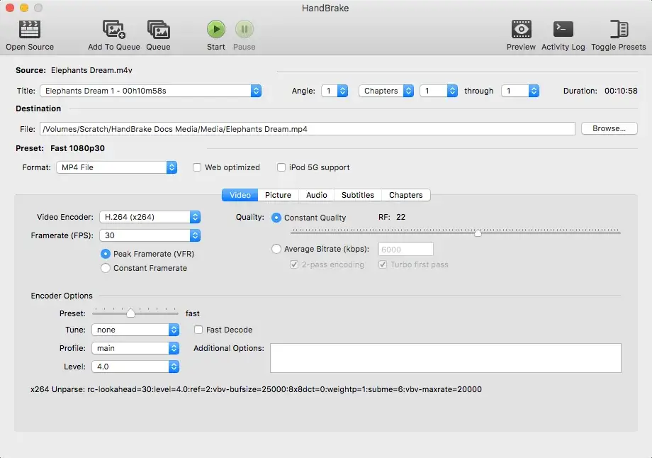HandBrake 主界面的来源、输出位置和视频编码设置