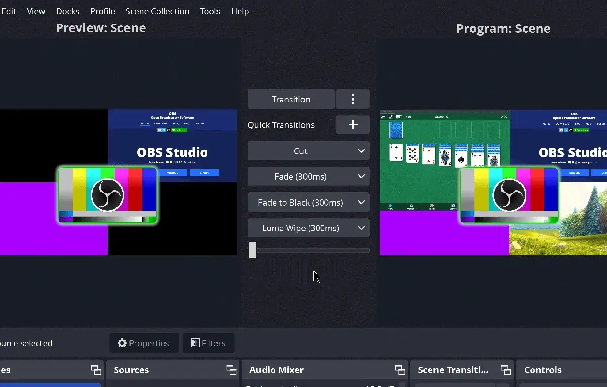 OBS Studio 工作室模式中的预览画面、节目画面和转场控制