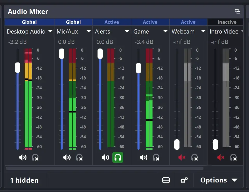 OBS Studio 音频混合器中的桌面音频、麦克风和来源音量