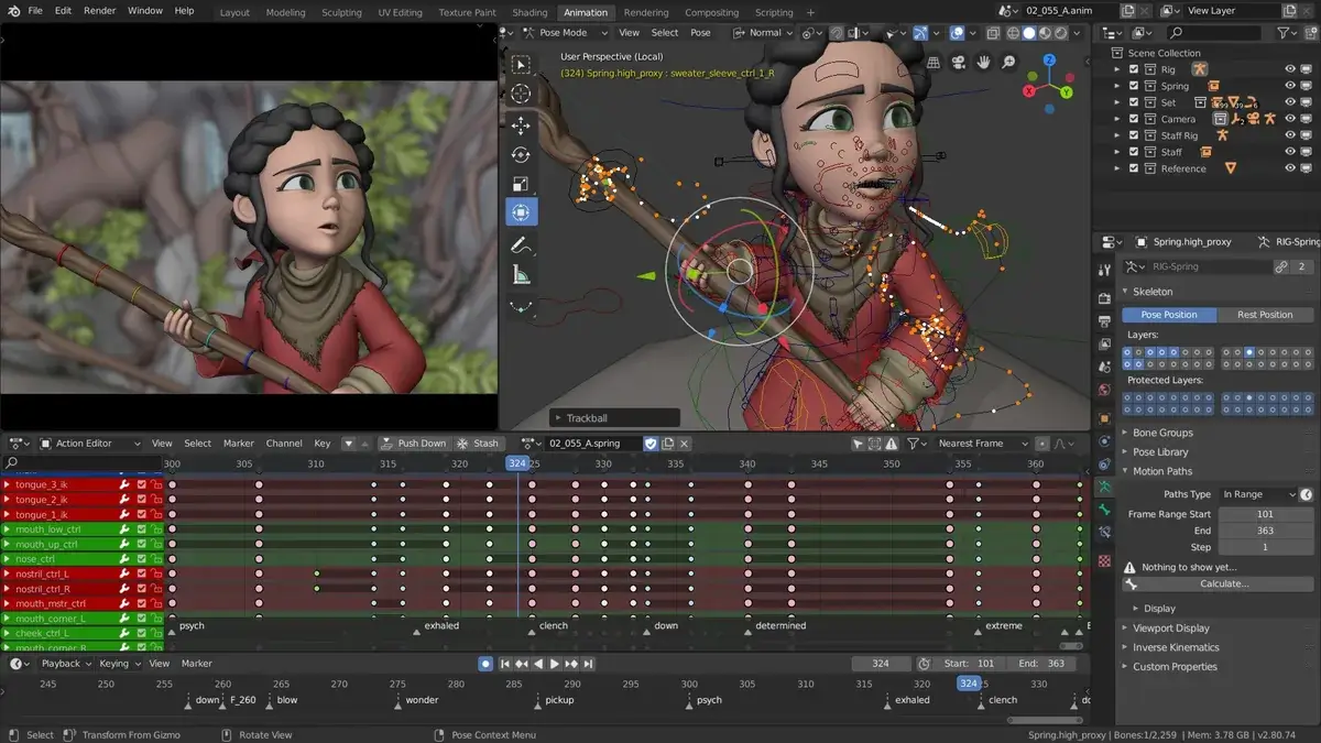 Blender 动画工作区显示角色绑定、姿态控制与关键帧时间线