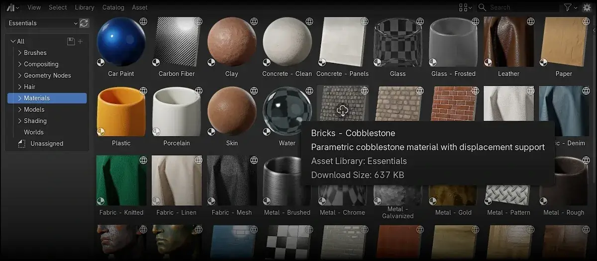 Blender 5.2 资产浏览器展示材质分类、缩略图与按需下载提示