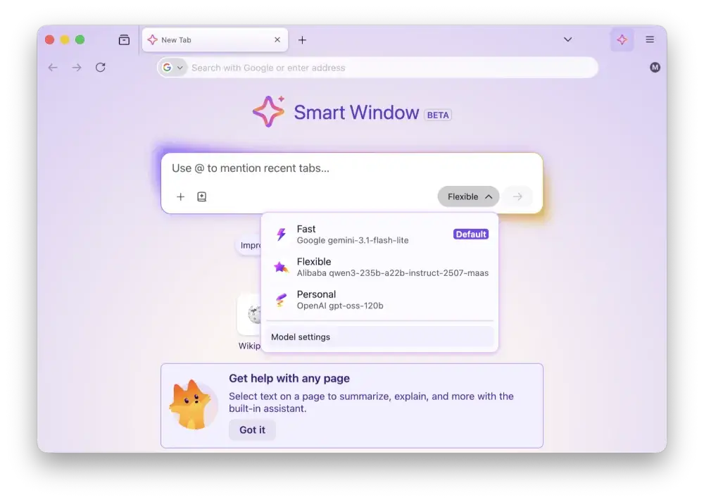 Firefox 153 Smart Window 测试界面展示 AI 模型选择与网页辅助入口
