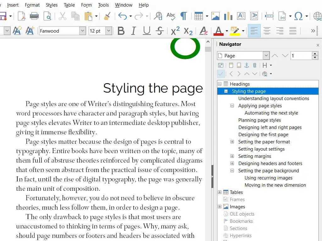 LibreOffice Writer 官方界面展示文档样式和导航器