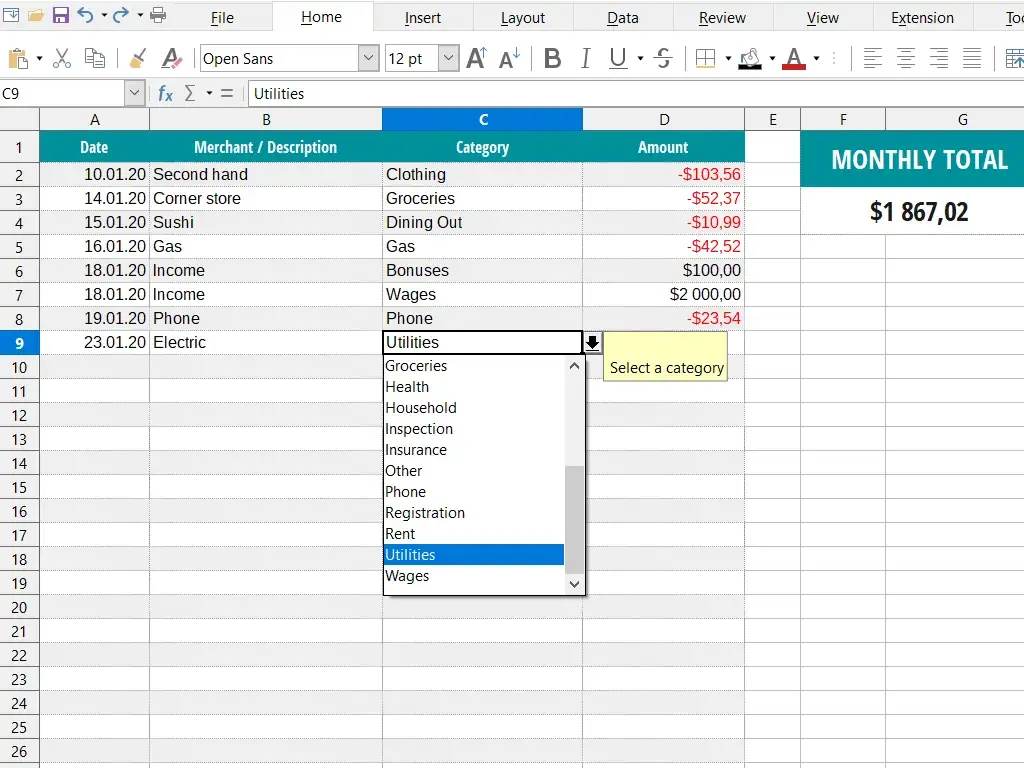 LibreOffice Calc 官方界面展示家庭收支表和下拉列表