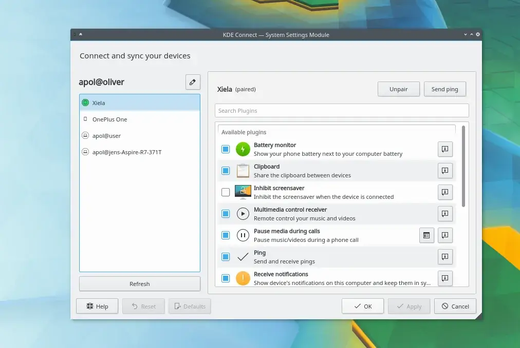 KDE Connect 桌面设置界面展示配对设备和功能插件