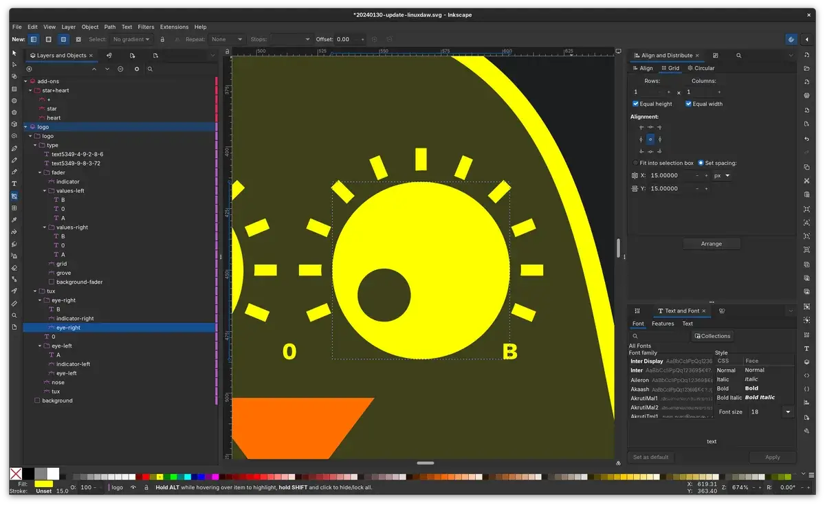 Inkscape 官方深色界面展示图层对象和对齐工具