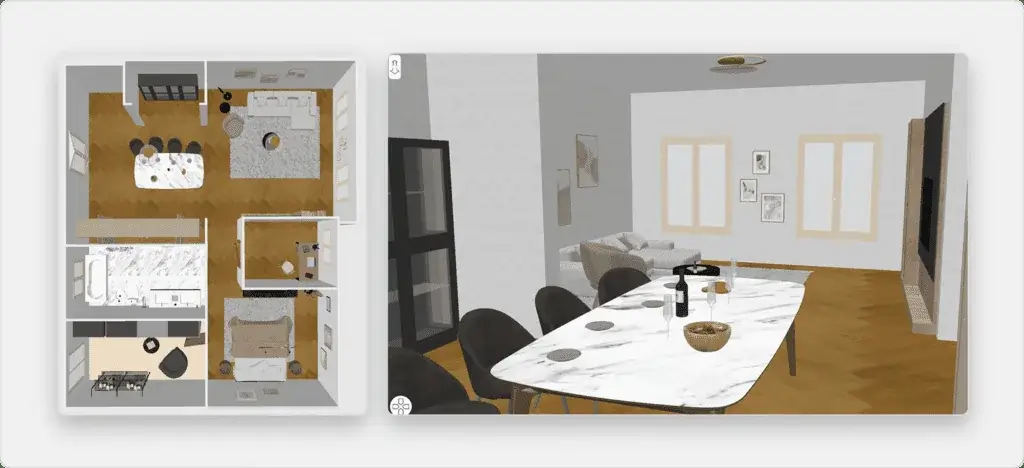 Sweet Home 3D 官方用户指南展示房屋俯视图和室内虚拟访客视图