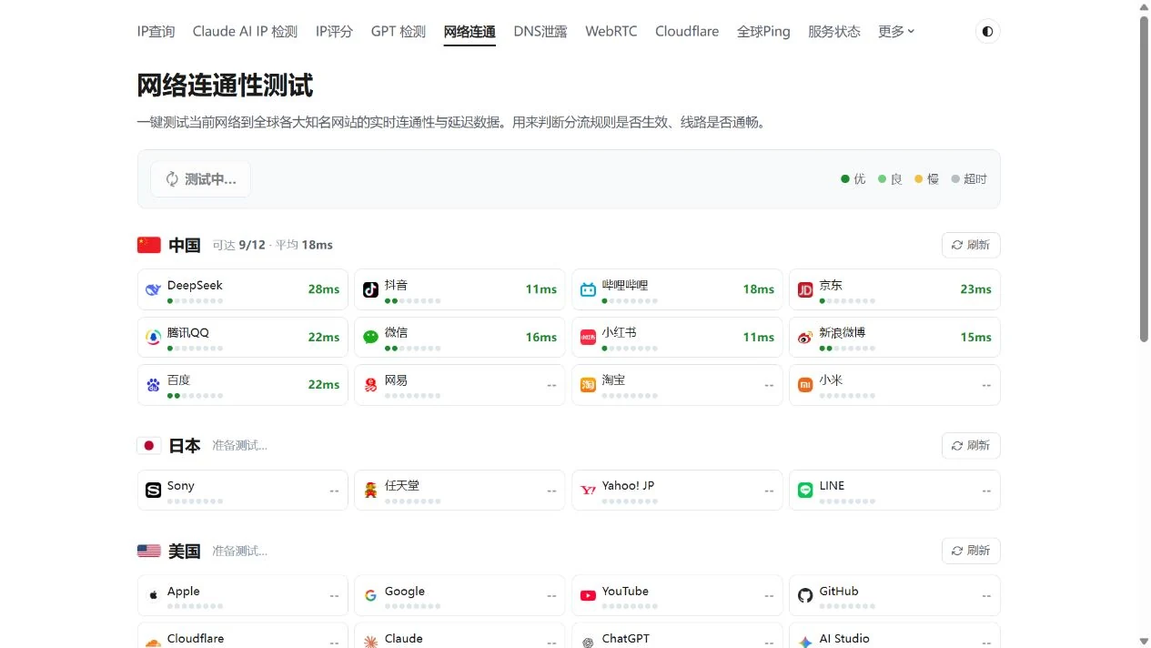 网络连通页按地区展示网站与延迟，部分项目仍在测试。