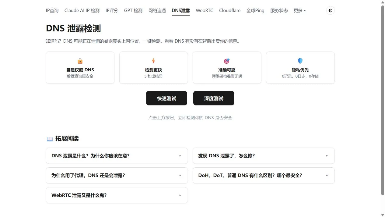 DNS 泄露检测的快速测试和深度测试入口。