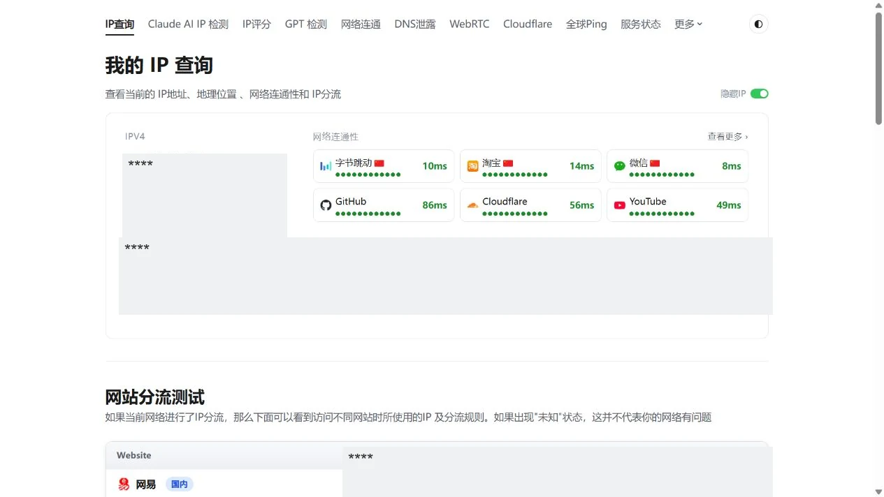 首页的 IP 查询、连通性和网站分流区域，地址及位置已用 **** 遮盖。